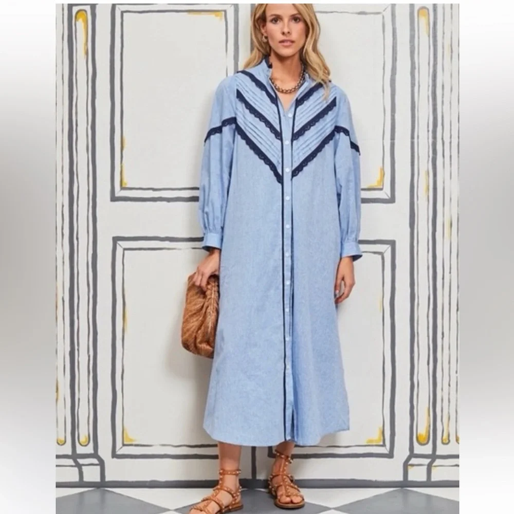 Pomander Place Tuckernuck Blue Linen Blend Lace Trim Maxi Shirt Dress S